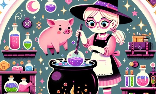 Une illustration destinée aux enfants représentant une apprentie sorcière fillette concoctant une potion magique avec l'aide d'un chat-cochon rose à pois violets, dans une chambre d'école de sorcellerie remplie de chaudrons bouillonnants, de grimoires colorés et de fioles étincelantes.