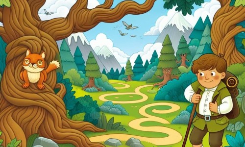 Une illustration destinée aux enfants représentant un garçon intrépide se lançant dans une série d'énigmes impossibles, accompagné d'un ami malicieux, au cœur d'une forêt luxuriante aux arbres centenaires et aux sentiers sinueux.