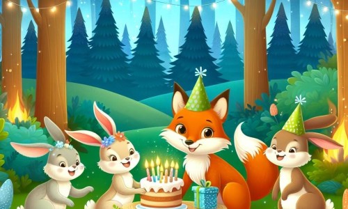 Une illustration destinée aux enfants représentant un renard malicieux, une famille de lapins joyeux préparant un festin d'anniversaire, au cœur d'une vaste forêt verdoyante et chatoyante.
