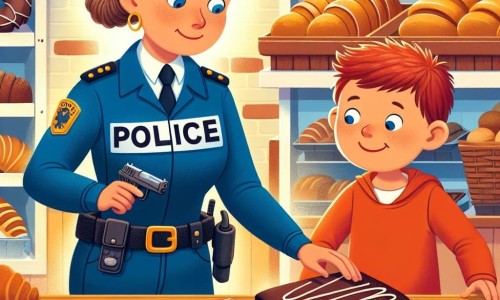 Une illustration destinée aux enfants représentant une courageuse policière (fille) résolvant un vol de pains au chocolat avec l'aide d'un petit garçon aux cheveux roux (garçon) dans une boulangerie colorée et chaleureuse, entourée de délicieuses pâtisseries.
