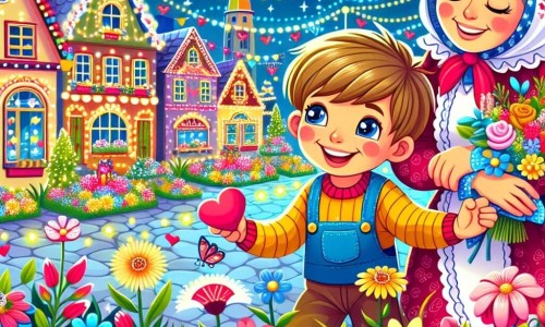 Une illustration destinée aux enfants représentant un joyeux petit garçon, une fête de la Saint-Valentin animée, une maman bienveillante, dans un village coloré et animé par des décorations scintillantes et des fleurs parfumées.