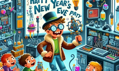 Une illustration destinée aux enfants représentant un garçon plein d'énergie et d'imagination préparant une soirée fantastique avec ses amis, dans une maison transformée en laboratoire secret rempli de bricolages et de gadgets étranges, pour célébrer la fête du Nouvel An.