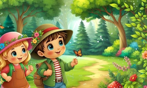Une illustration destinée aux enfants représentant un petit garçon curieux et aventurier, accompagné d'une fillette, sa meilleure amie, découvrant la beauté de la nature printanière dans une forêt luxuriante, vibrant de couleurs et de vie.