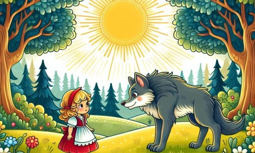 Une illustration destinée aux enfants représentant une petite fille douce et curieuse rencontrant un grand méchant loup dans une clairière ensoleillée de la forêt, avec des arbres majestueux et des fleurs colorées tout autour, créant une atmosphère à la fois mystérieuse et chaleureuse.