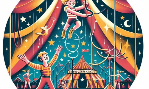 Une illustration destinée aux enfants représentant un jeune garçon plein de courage et d'énergie, s'entraînant sur un trapèze avec l'aide bienveillante d'un trapéziste star, dans le cadre féérique d'un grand chapiteau coloré du Grand Cirque Zéphyr.