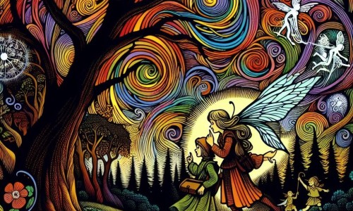 Une illustration destinée aux enfants représentant une fée mystérieuse échangeant des secrets avec une jeune exploratrice dans la Vallée des Fées, un lieu magique où les arbres dansent et les fleurs chantent sous un ciel virevoltant de couleurs chatoyantes.