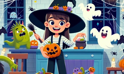 Une illustration destinée aux enfants représentant une jeune sorcière pleine d'enthousiasme préparant une fête d'Halloween chez elle, avec des amis déguisés en monstres, dans une maison décorée de toiles d'araignée, de citrouilles illuminées et de fantômes en papier flottant dans l'air.
