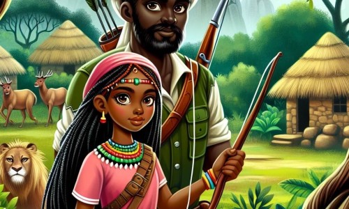 Une illustration destinée aux enfants représentant un chasseur courageux explorant une forêt mystérieuse en compagnie d'un sage aux yeux perçants, dans un village africain niché au cœur d'une nature luxuriante et mystique.