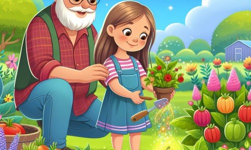 Une illustration destinée aux enfants représentant une petite fille curieuse et pleine d'amour pour la nature, accompagnée de son grand-père bienveillant, plantant un potager magique aux couleurs chatoyantes dans un jardin verdoyant et fleuri de la campagne.