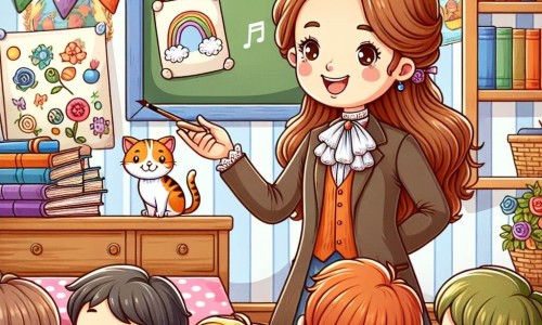 Une illustration destinée aux enfants représentant une institutrice bienveillante enseignant à ses élèves, accompagnée d'un joyeux chaton, dans une salle de classe chaleureuse décorée de dessins colorés et de livres empilés.