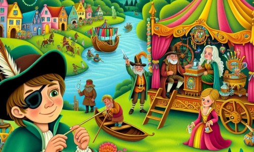 Une illustration destinée aux enfants représentant un garçon espiègle et curieux se préparant pour le grand carnaval, accompagné d'une mystérieuse diseuse de bonne aventure, dans un village paisible orné de guirlandes colorées et de chars décorés, au cœur d'une vallée verdoyante.
