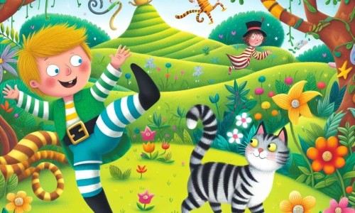 Une illustration destinée aux enfants représentant un garçon intrépide se lançant dans une quête loufoque pour retrouver sa chaussette rayée, accompagné d'un chat espiègle, dans un jardin magique aux fleurs dansantes et aux arbres parlants.