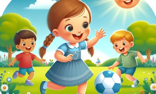 Une illustration destinée aux enfants représentant une petite fille joyeuse jouant au ballon avec ses amis dans un parc verdoyant, sous un ciel bleu et ensoleillé.
