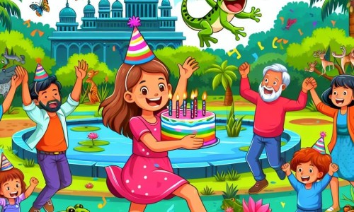 Une illustration destinée aux enfants représentant une fillette joyeuse fêtant son anniversaire avec sa famille, entourée de grenouilles sautillantes, dans un zoo coloré rempli d'animaux exotiques.