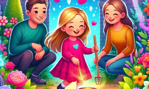 Une illustration destinée aux enfants représentant une fillette joyeuse préparant un jardin secret avec ses parents pour la Saint-Valentin, accompagnée de ses parents (un papa et une maman) dans un jardin coloré, parsemé de fleurs magiques et d'arbustes lumineux.