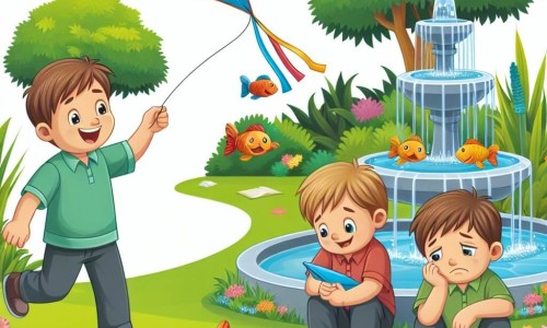Une illustration destinée aux enfants représentant un petit garçon joyeux jouant avec un cerf-volant dans un parc verdoyant, accompagné d'un autre garçon, assis près d'une fontaine aux poissons colorés, exprimant de la tristesse.