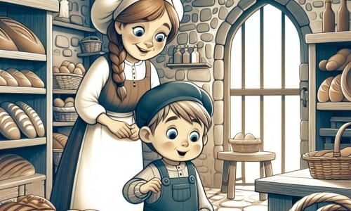 Une illustration destinée aux enfants représentant une femme boulanger talentueuse, un petit garçon curieux, dans une charmante boulangerie aux murs en pierre et aux poutres de bois, située dans le pittoresque village de Clairdelune.