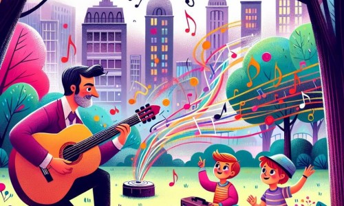Une illustration destinée aux enfants représentant un homme passionné de musique, qui enseigne la guitare à deux enfants curieux, dans un parc de la ville de Mélodieville, où les arbres dansent au rythme des mélodies et les notes musicales flottent dans l'air coloré.