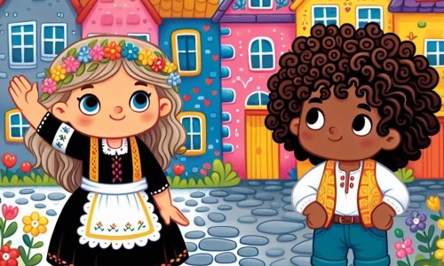 Une illustration destinée aux enfants représentant une petite fille courageuse faisant face à des préjugés avec son nouvel ami aux cheveux bouclés, dans un village coloré aux maisons en pierre et aux rues pavées bordées de fleurs.