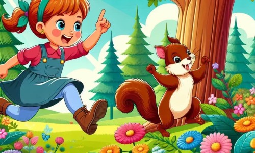 Une illustration destinée aux enfants représentant une petite fille pleine d'énergie affrontant un défi impossible, avec l'aide d'un écureuil malicieux, dans un jardin luxuriant parsemé de fleurs multicolores et d'arbres majestueux.