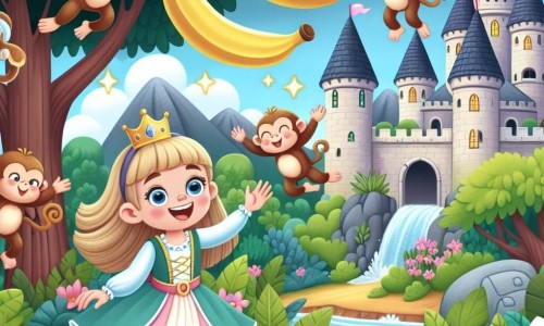 Une illustration destinée aux enfants représentant une princesse joyeuse et intrépide découvrant des bananes volantes avec des singes farceurs dans un château en bordure de la Forêt Magique, dans le royaume enchanté de Fleurdelune.