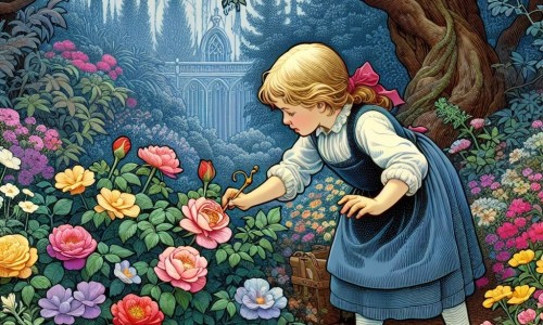 Une illustration destinée aux enfants représentant une jeune fille curieuse et pleine de vie, découvrant un mystérieux jardin secret rempli de fleurs colorées, accompagnée d'une rose fanée qui reprend vie sous ses soins attentifs, dans un jardin enchanté entouré d'arbres majestueux et de buissons fleuris.