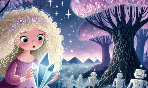 Une illustration destinée aux enfants représentant une fille aux boucles blondes découvrant un cristal mystérieux dans une forêt enchantée, accompagnée de robots étincelants, dans un royaume où des arbres géants aux feuilles argentées s'élèvent vers un ciel violet parsemé d'étoiles scintillantes.