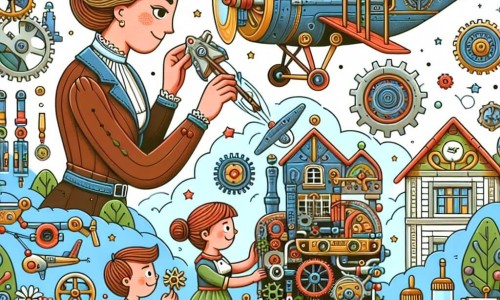 Une illustration destinée aux enfants représentant une inventeuse extraordinaire (femme) construisant une machine volante avec l'aide de deux enfants (garçon et fille) dans un petit village paisible rempli de rouages, de tubes colorés et d'étranges machines.