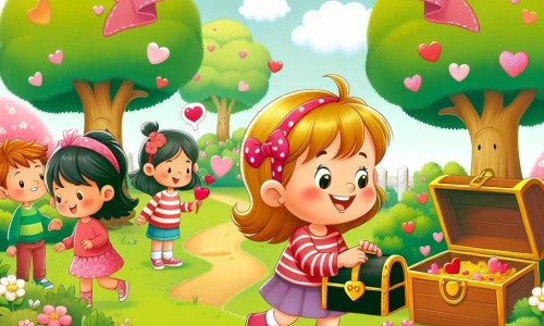Une illustration destinée aux enfants représentant une petite fille espiègle préparant une chasse aux trésors amicale avec ses amis dans un parc verdoyant aux arbres fleuris, le jour de la Saint-Valentin.