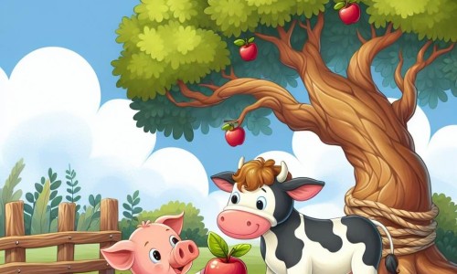 Une illustration destinée aux enfants représentant un petit cochon joyeux offrant une pomme rouge brillante à une vache douce, sous l'ombre d'un vieux chêne majestueux dans la cour d'une ferme paisible.