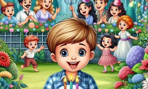 Une illustration destinée aux enfants représentant un petit garçon au sourire espiègle fêtant son anniversaire entouré de sa famille et de ses amis, dans un jardin enchanté rempli de fleurs colorées et d'arbres majestueux.