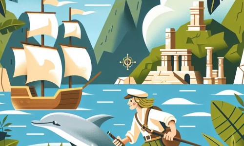 Une illustration destinée aux enfants représentant un marin courageux embarqué dans une quête pour trouver un trésor légendaire avec l'aide d'un dauphin joueur, sur une île mystérieuse aux ruines anciennes et à la végétation luxuriante.