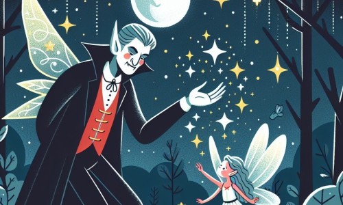 Une illustration destinée aux enfants représentant un vampire bienveillant se liant d'amitié avec une petite fée dans une forêt magique illuminée d'étoiles scintillantes.