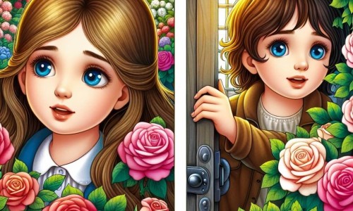 Une illustration destinée aux enfants représentant une jeune fille aux longs cheveux bruns, confrontée à la perte d'un être cher, accompagnée d'un nouvel ami aux yeux bleus, dans un jardin secret caché derrière des rosiers fleuris aux couleurs éclatantes.