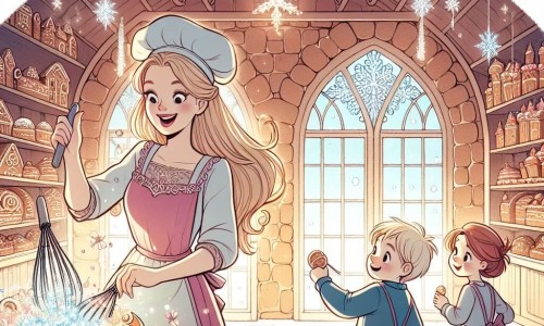 Une illustration destinée aux enfants représentant une femme boulangerie passionnée concoctant des pâtisseries magiques pour deux enfants curieux, un garçon et une fille, dans une boulangerie enchantée aux murs de pain d'épices et aux fenêtres scintillantes de sucre cristallisé, située dans le village de Douceville.