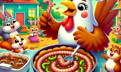 Une illustration destinée aux enfants représentant une poule espiègle préparant une tarte aux vers de terre pour un concours de cuisine, accompagnée de ses amis, un lapin gourmand, un écureuil malicieux et un canard jovial, dans un village coloré et animé.