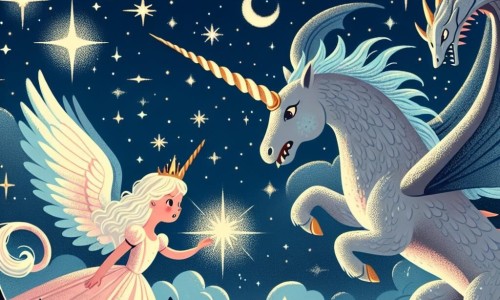 Une illustration destinée aux enfants représentant une princesse courageuse et une licorne majestueuse affrontant un dragon féroce, dans un royaume lointain où les étoiles brillent plus fort que nulle part ailleurs.