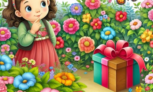 Une illustration destinée aux enfants représentant une fillette curieuse, une mystérieuse boîte à cadeau, un jardin luxuriant aux fleurs multicolores et aux papillons virevoltants.