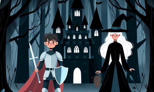 Une illustration destinée aux enfants représentant un courageux chevalier se tenant devant le mystérieux Château des Ombres, accompagné d'une sorcière sinistre, dans une sombre forêt enchantée aux arbres murmurs.