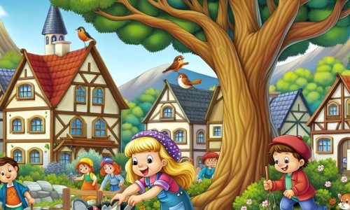 Une illustration destinée aux enfants représentant une fille énergique ramassant des déchets avec l'aide de ses amis en forêt, sous l'ombre d'un arbre majestueux aux feuilles scintillantes, dans un petit village au bord de la forêt, où les oiseaux chantent et les écureuils observent.