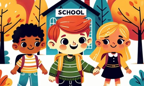 Une illustration destinée aux enfants représentant un petit garçon enthousiaste le jour de la rentrée des classes, accompagné de ses amis, une fille rousse et un garçon blond, se rendant à une école colorée entourée de grands arbres aux feuilles dorées.