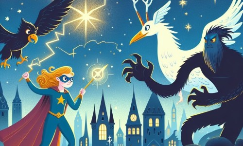 Une illustration destinée aux enfants représentant une super-héroïne au pouvoir extraordinaire, défiant une créature maléfique aux côtés de son fidèle ami, un oiseau magique, dans la ville de Lumièrebrume, illuminée par les étoiles scintillantes.