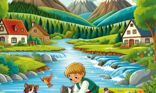 Une illustration destinée aux enfants représentant un garçon au cœur vaillant, aidant un chaton abandonné et un oiseau blessé, dans un village paisible entouré de montagnes verdoyantes et d'une rivière étincelante.