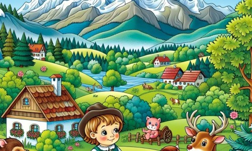 Une illustration destinée aux enfants représentant un petit garçon curieux, entouré par une nature luxuriante et accompagné d'animaux sages, dans un village paisible au pied d'une majestueuse montagne aux sommets enneigés.