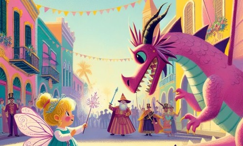Une illustration destinée aux enfants représentant une petite fille déguisée en fée, affrontant un dragon rose avec sa baguette magique lors du défilé du carnaval, dans les rues ensoleillées et colorées du village de Pomponville.