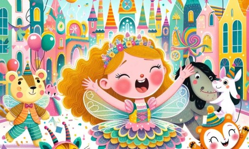 Une illustration destinée aux enfants représentant une fillette joyeuse en costume de fée, entourée de ses amis animaux fantastiques, dans une ville colorée aux rues décorées de ballons et de confettis, lors du carnaval le plus féérique de tous les temps.