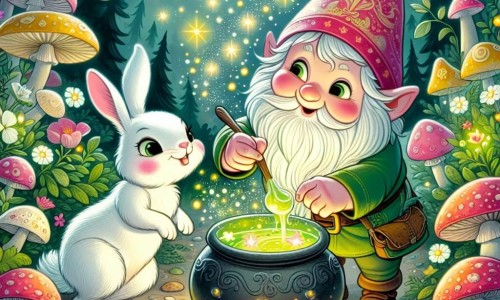 Une illustration destinée aux enfants représentant un lutin espiègle et attachant concoctant une potion magique avec son ami le lapin blanc dans une clairière enchantée entourée de champignons lumineux, de fleurs scintillantes et d'oiseaux chanteurs.