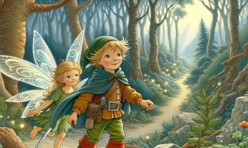 Une illustration destinée aux enfants représentant un jeune garçon courageux, accompagné d'une fée aux ailes scintillantes, explorant une forêt enchantée aux arbres si hauts qu'ils semblent toucher le ciel, où les feuilles murmurent des secrets anciens au gré du vent.