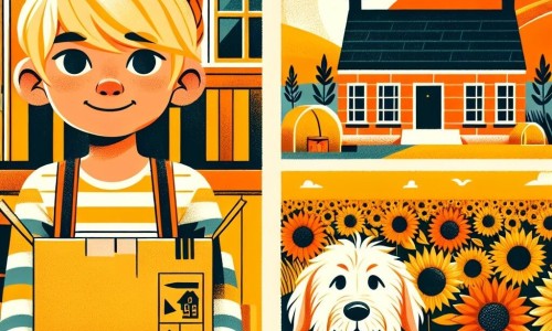 Une illustration destinée aux enfants représentant un petit garçon blond, une famille qui déménage, un chien fidèle et un champ de tournesols ensoleillé.