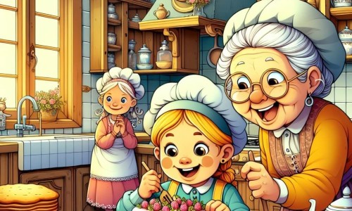 Une illustration destinée aux enfants représentant une fillette espiègle préparant une surprise pour sa maman, avec l'aide de sa grand-mère, dans une cuisine chaleureuse remplie du parfum envoûtant d'un gâteau fraîchement cuit.
